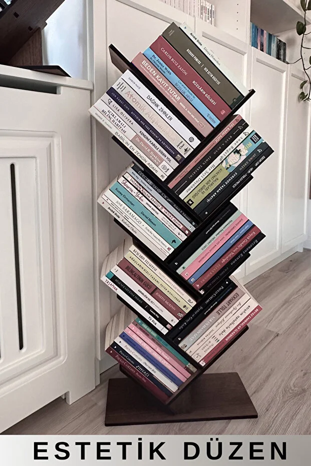 Geometrik 8 Raflı Ağaç Kitaplık Dekoratif Raf